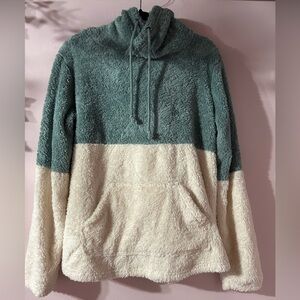 Color block teal and white Sherpa drawstring hooded